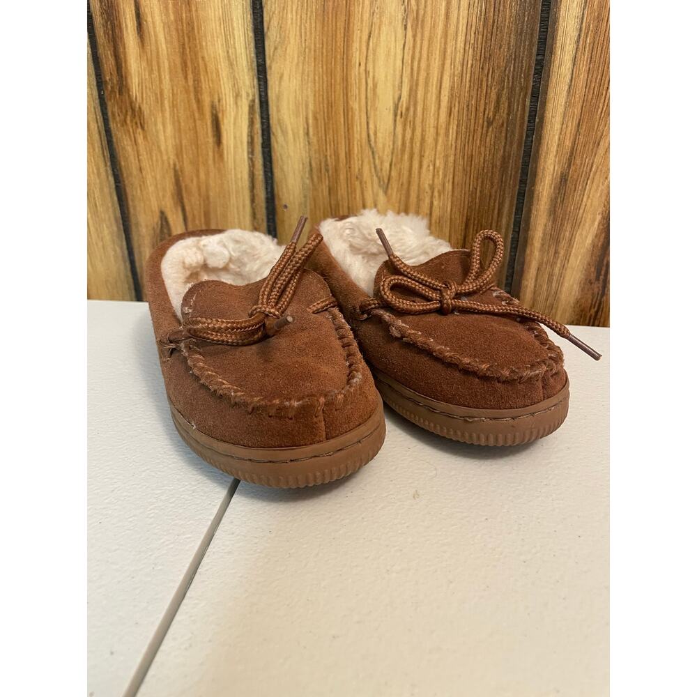 Lamo size 11 faux fur fuzzy slippers suede tan chestnut tie kids - Picture 3 of 7